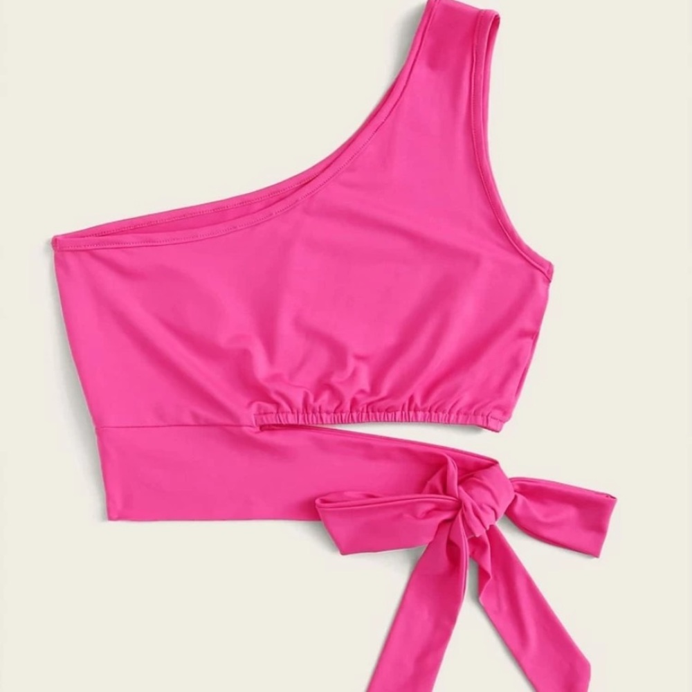 Neon pink one shoulder self tie crop top